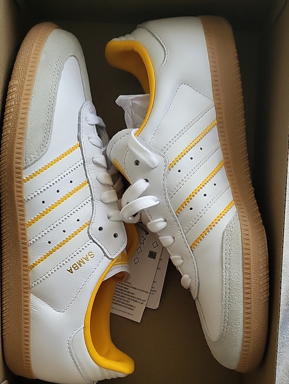 Adidas White Leather Sneakers with Yellow Accents and Gum Sole